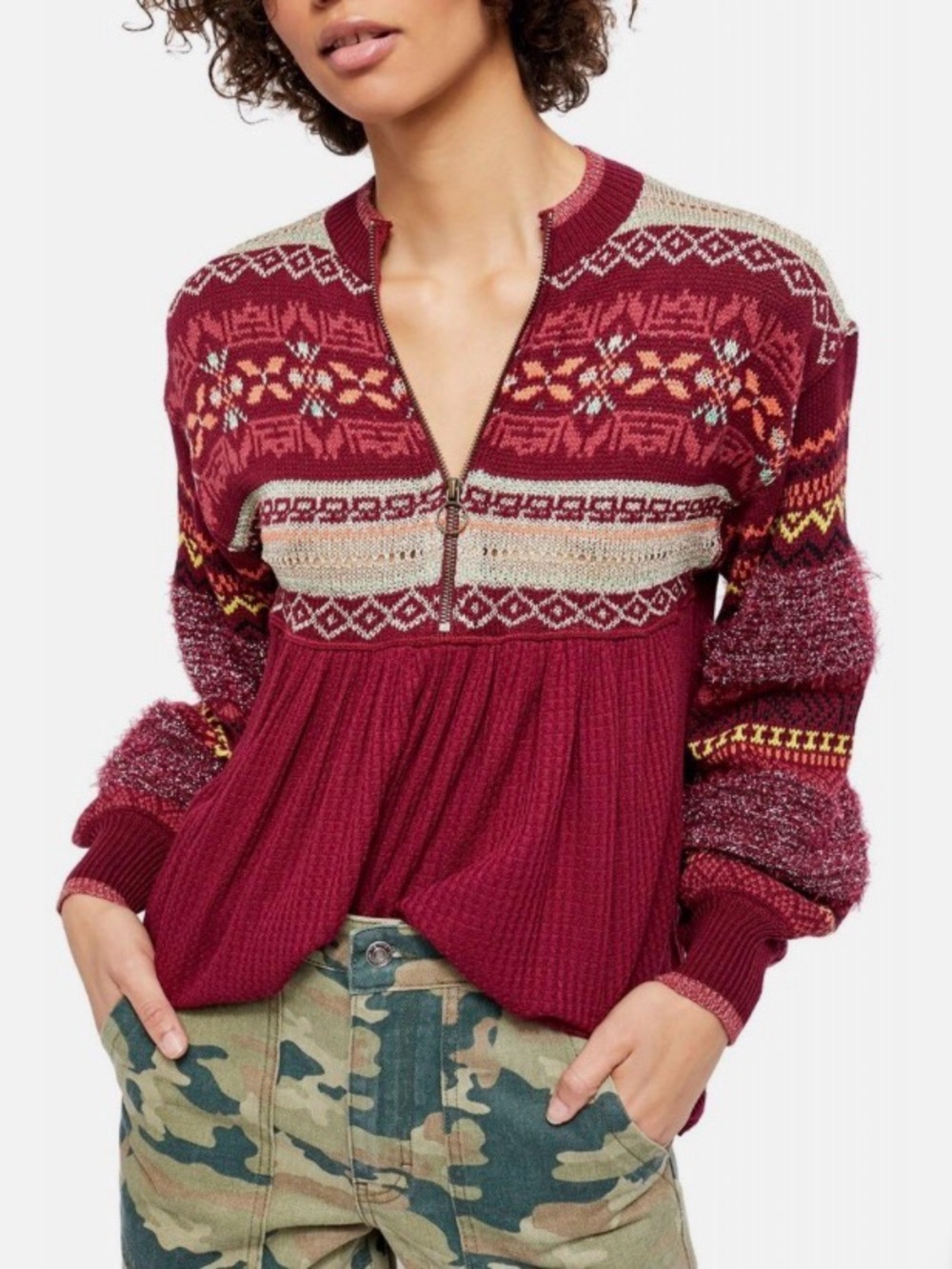 GUC, Small, Free People Cozy Cabin Wine Thermal Sweater Puff Sleeves Tunic Top